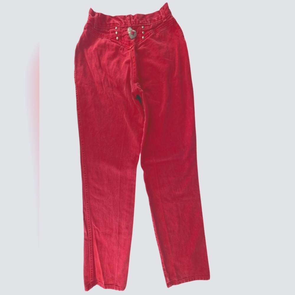 Ropers Size 7/8 Denim Jeans In Red Very Vintage With Silver Heart Buckle In Back